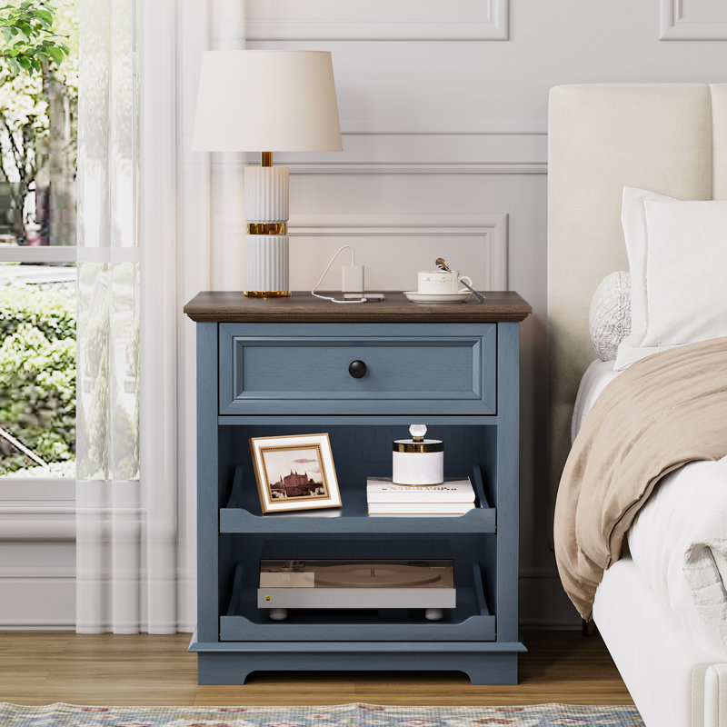 1 Drawer Sets Tray Nightstands with Storage and Built-in Charging Station for Bedroom,Living Room,Office, Blue/Brown