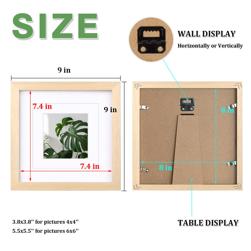 8X8 Picture Frames Made Of Solid Wood With Plexiglass, Display Pictures 4X4/6X6 With Mat Or 8X8 Without Mat Set Of 4 For Tabletop And Wall Mounting, Oak Wood