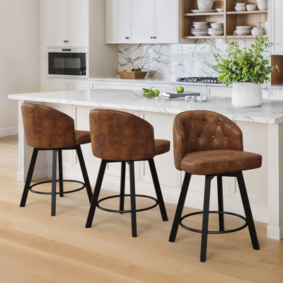 26" Swivel Upholstered Counter Stool With Diamond Button-Tufted Backrest And Metal Frame