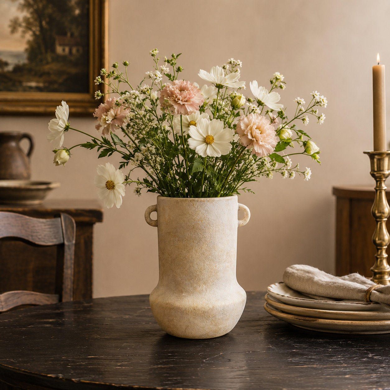 Cole and Ceramic Antique Style Textured Decorative Vase with Yellow Shadings, Cream