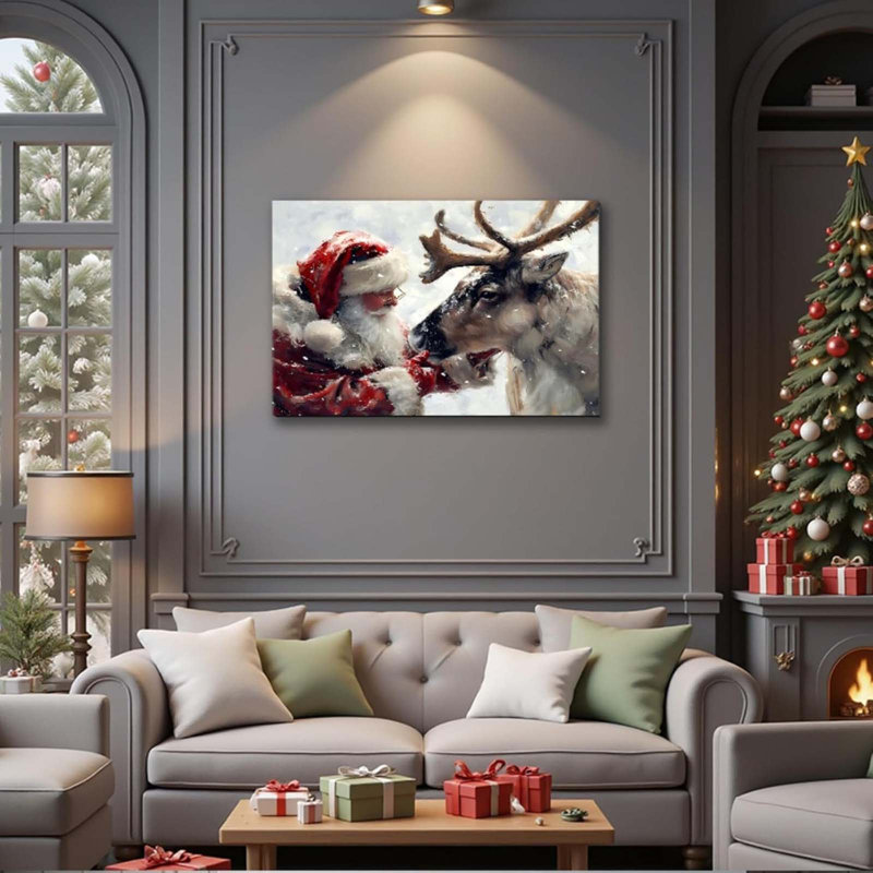 Santa's Reindeer Framed Christmas Canvas Wall Art For Living Room, Winter Pictures Wall Decor Painting Prints For Bedroom, Santa Christmas Gifts, Poster Artwork For Wall Decorations