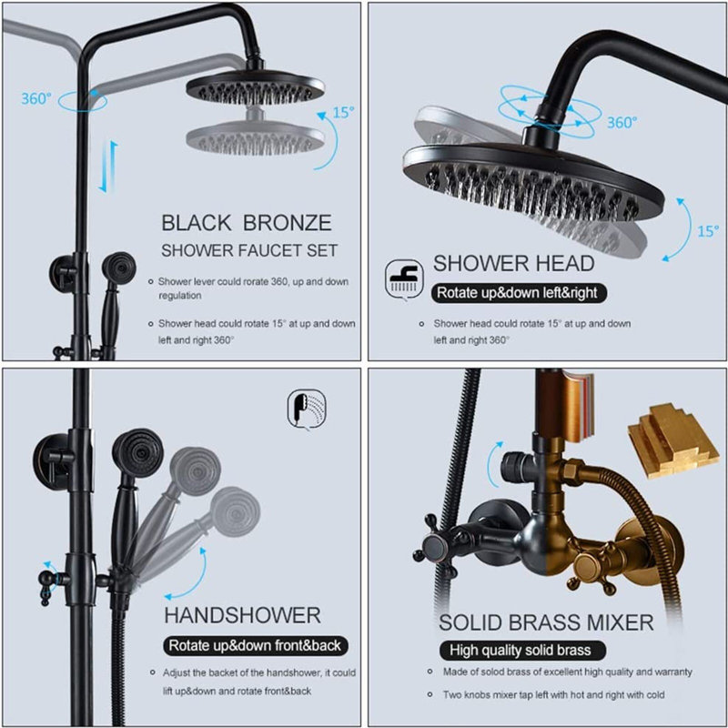 Ensemble de douche en bronze huilé avec pomme de douche à pluie de 8 po Mosson, douche à main en laiton rétro et mélangeur à poignée croisée, système de barre de glissière murale