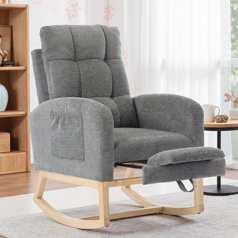 Dark Green Modern Plush Rocking Chair with Adjustable Footrest & Side Pocket — Ultimate Comfort Lounge Armchair, DARK GREY