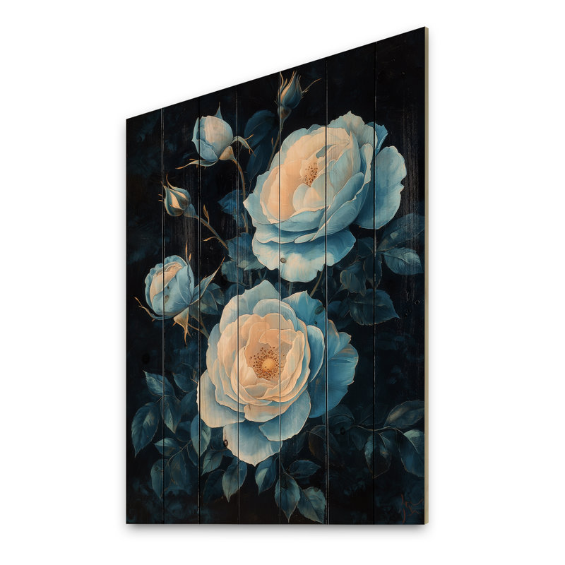 «Dark Aqua Roses Elegance At Night II», art mural en bois Roses, sur bois de pin naturel, H 20 po x l 10 po x P 0,78 po