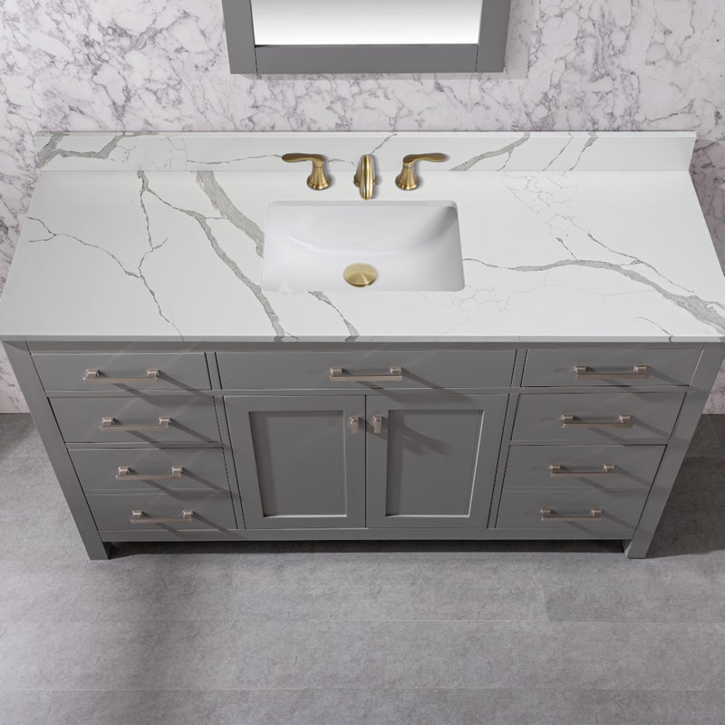 Plateau de meuble-lavabo simple 60 po en quartz avec lavabo - pour remplacement de meuble-lavabo, sans armoire