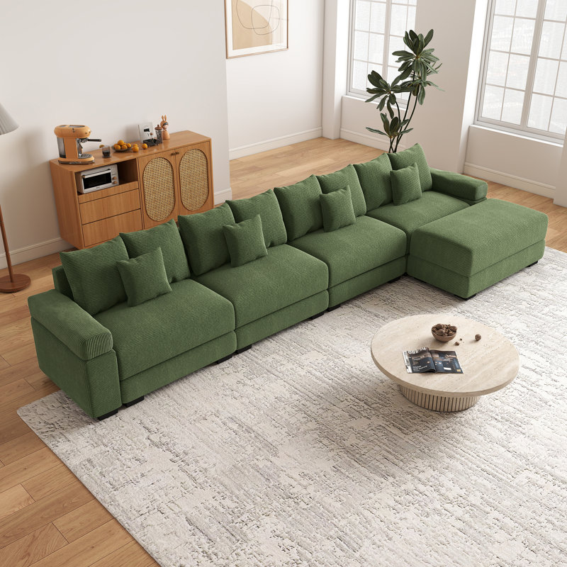 168" Modular L-Shaped Sectional Sofa With Ottoman, Green Corduroy