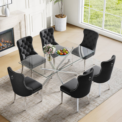 7-Piece Modern Dining Set – Rectangular Glass Table With Mirrored Metal Base & 6 Velvet Upholstered Chairs