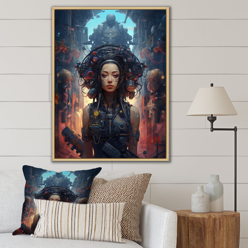 Portrait de la déesse Cyberpunk I - reproduction sur toile, 40" H x 30" W, Cadre naturel flottant