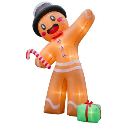 10.6FT Tall Gingerbread Man with Gift Box Christmas Inflatable 8 LED Lights 190D Polyester 12V 2000mA Outdoor Holiday Yard Decor