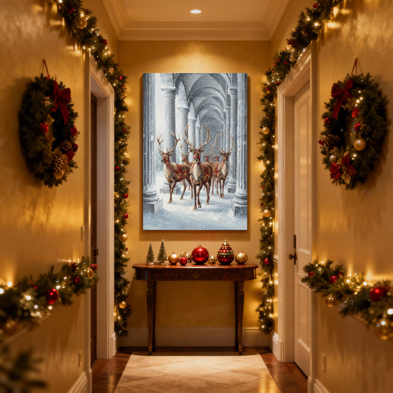 Ensemble de 3 reproductions d'art sur toile, "Christmas Reindeer Parade in Snowy Archway", H 30 po x l 20 po