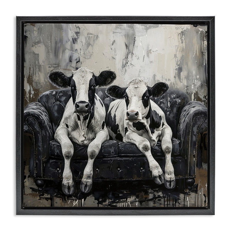 «Lounging Cows on Couch», art mural sur toile flottante, design par LSR Creative Studio, Cadre flottant noir de jais