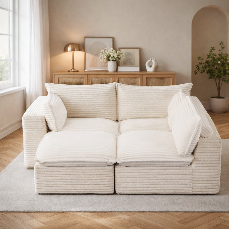 Canapé modulaire en L 4 places en velours côtelé modulaire avec repose-pieds, White