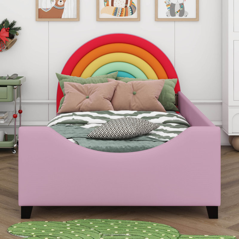 Colorful Velvet Rainbow Twin Upholstered Platform Bed With Rainbow-Shaped Headboard
