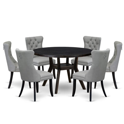 7 Piece Dining Table Set Contains a 48" Round Table with Pedestal and 6 Light Gray Polyester fabric Upholstered Chairs, Sand Blasted Black
