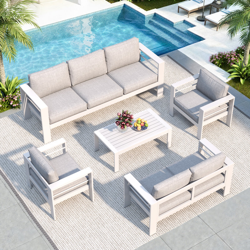   Ensemble de mobilier d'extérieur tout aluminium pour tous les temps, ensemble de mobilier de patio pour 7 personnes avec coussin moelleux, ensemble de patio d'extérieur 5 pièces avec accoudoirs élargis de 3,2 po