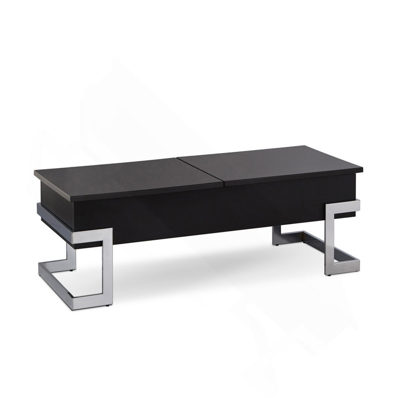 Table basse, noir brillant et chrome avec plateau relevable, Noir