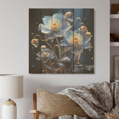 Celestial Floral Harmony I - Violets, panneau mural en bois sur bois de pin naturel