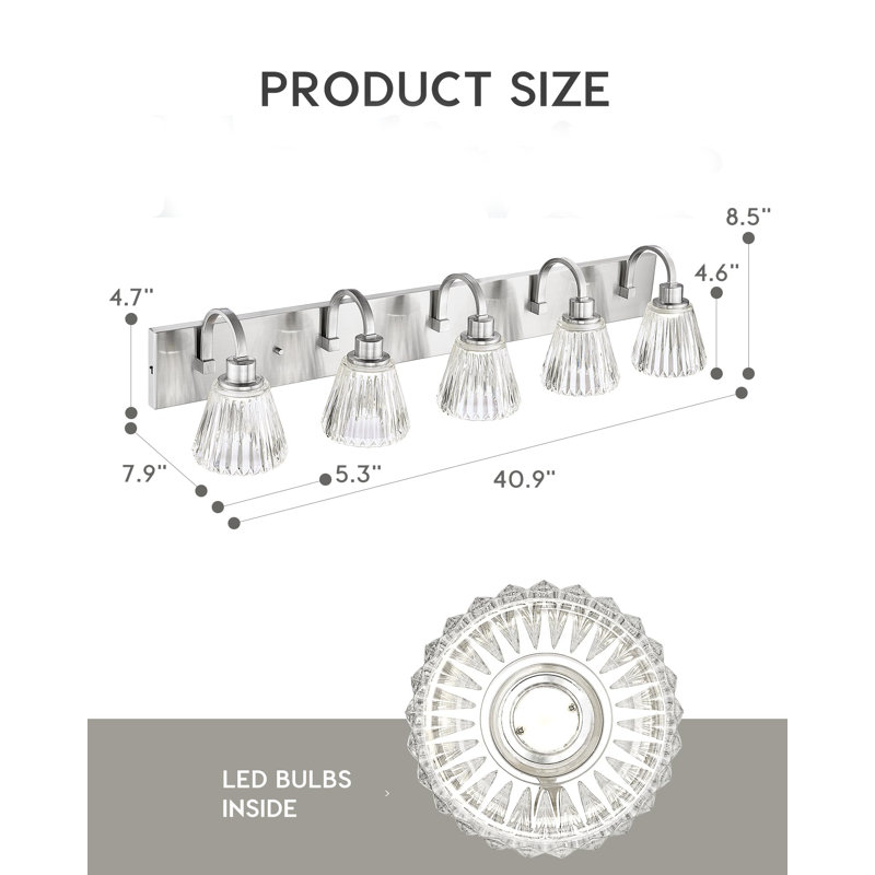 5 - Light Dimmable LED Vanity Light, Fluted Ripple Glass Shade, Industrial Vanity Lighting Fixtures, Brushed Nickel