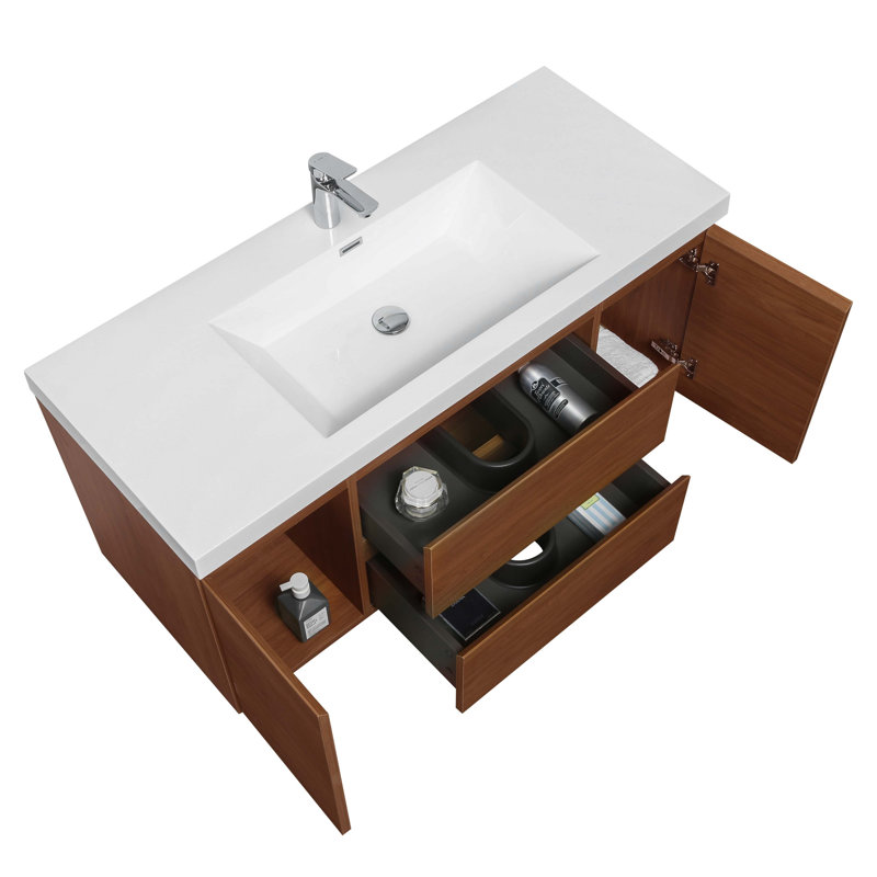 Meuble-lavabo flottant 48 po avec lavabo, armoire de rangement murale avec lavabo à surface solide et tiroirs à fermeture douce