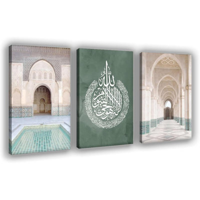 Islamic Building Wall Art 3 Pieces Poster Hassan-II Mosque Print Quran Poster Muslim Artwork Retro Religious Building Print On Canvas Painting Art Great Unique Muslim Gift