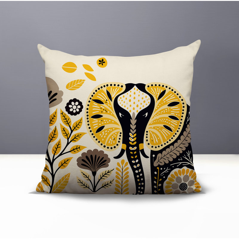 Oreiller carré réversible intérieur / extérieur à motif d'éléphants Issa, Jaune, Carré 15 po