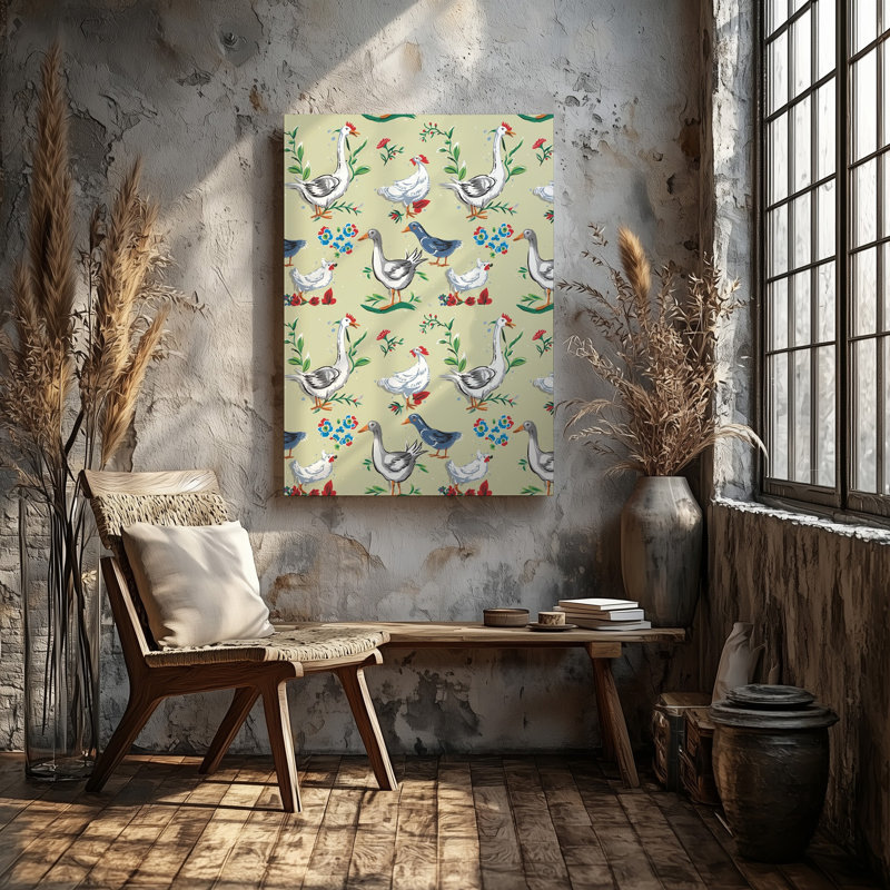 Toile d'un motif fantaisiste mettant en vedette une variété d'oiseaux de ferme, y compris l'art mural Canards, oies et poulets ludiquement disposés contre une toile