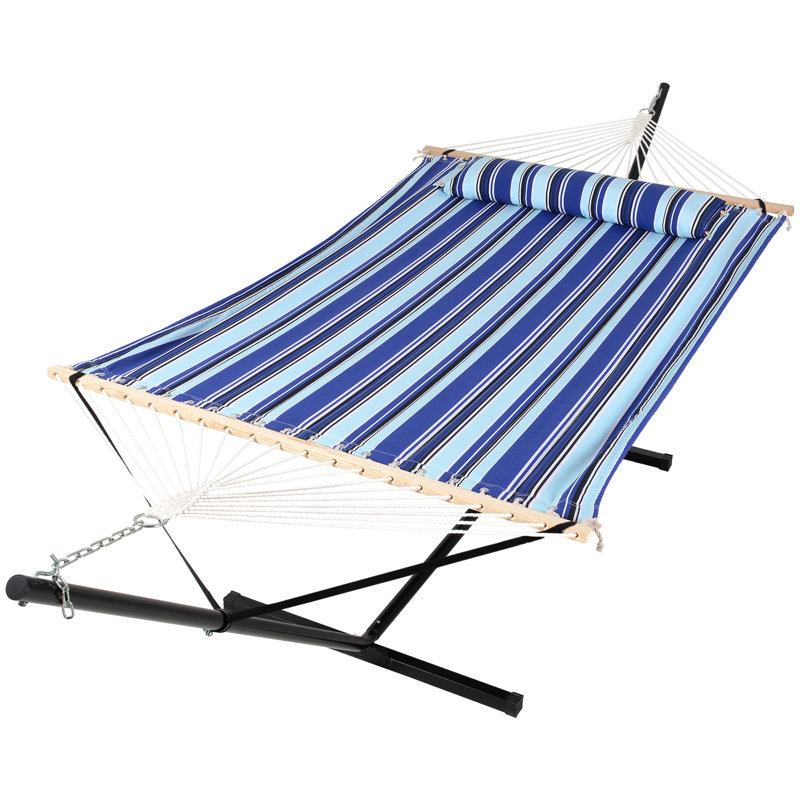 Hamac double à barre d'écartement avec support, Rayures bleues, 12 ft Stand