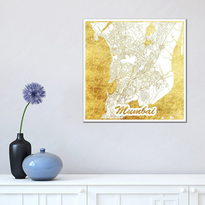 Mumbai Gold Leaf Urban Blueprint Map by Hubert Roguski - Wrapped Canvas Print