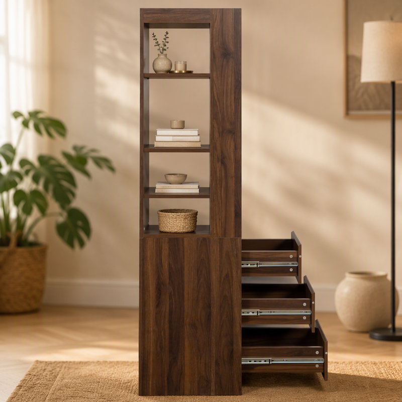 Armoire de rangement polyvalente avec tiroirs et tablettes, idéale pour organiser et mettre en valeur des articles à la maison ou au bureau