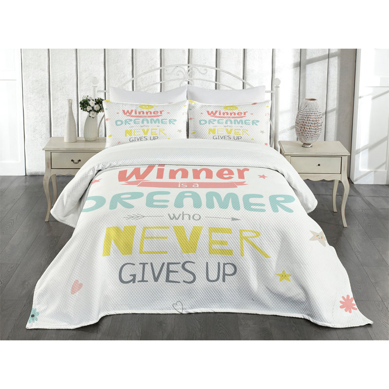 Ambesonne Saying Bedspread Set Positive Words Multicolor, King Coverlet/Bedspread + 2 Standard Shams
