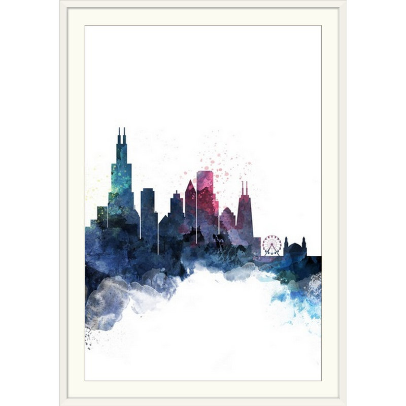 « chicago aquarelle cityscape », impression, H 32 po x l 24 po x P 1 po, Cadre blanc
