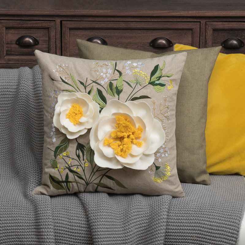 Housse de coussin décoratif brodée à motif de fleurs 3D