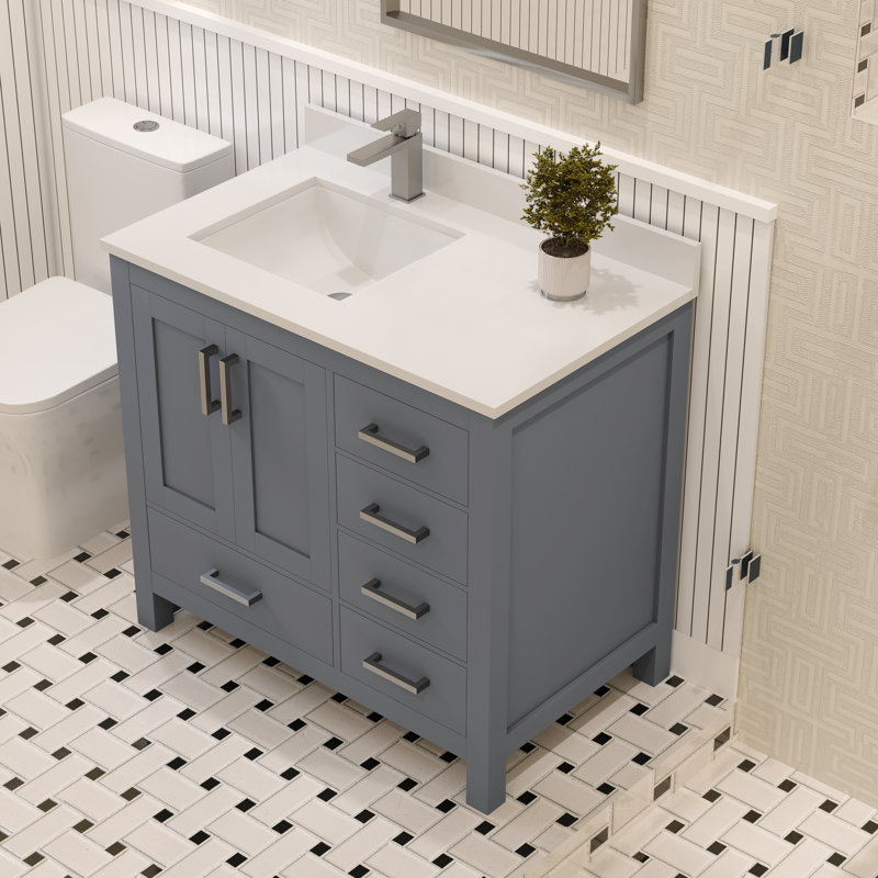 Rooh 36'' Charcoal Gray Bathroom Vanity with White Quartz Top