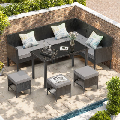 Ensemble de mobilier d'extérieur pour petit espace 7 pièces, ensemble de mobilier de jardin, coussin de siège imperméable, table en verre, peu encombrant, convient à la cour