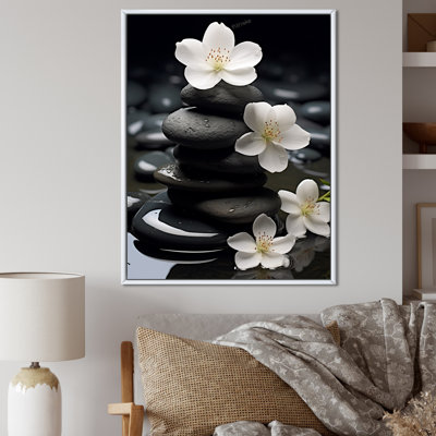 Zen Zen Serenity fleurs blanches pierre noire Cairn - impressions spirituelles sur pierre
