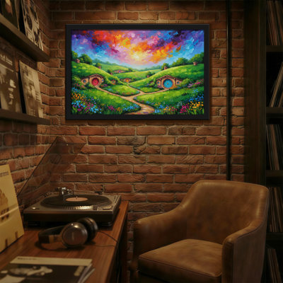 Paysage fantaisiste avec maisons de Hobbit et ciel coloré