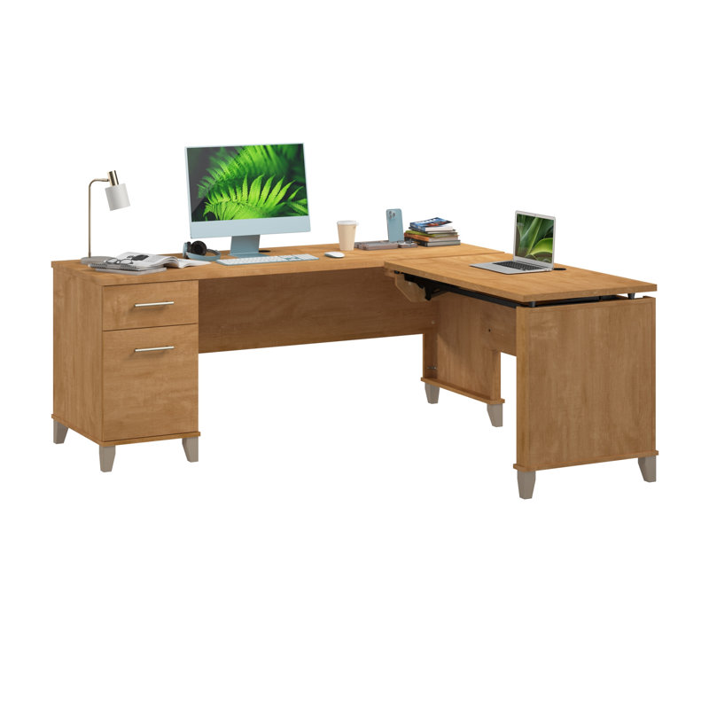 72W 3 Position Sit to Stand L Shaped Desk in Maple Cross, Maple Cross