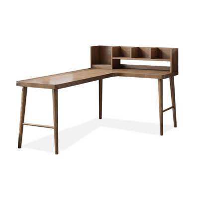 Bureau de coin en L en bois massif et table intégrée avec bibliothèque