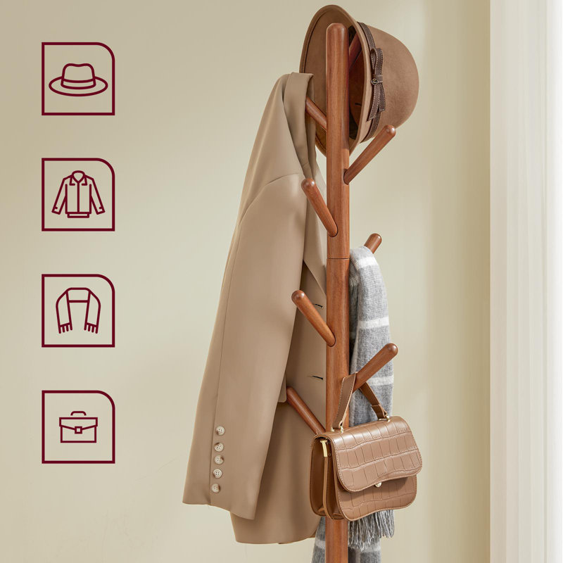 Coat Rack with 8 Hooks and Storage Shelf, Caramel Brown
