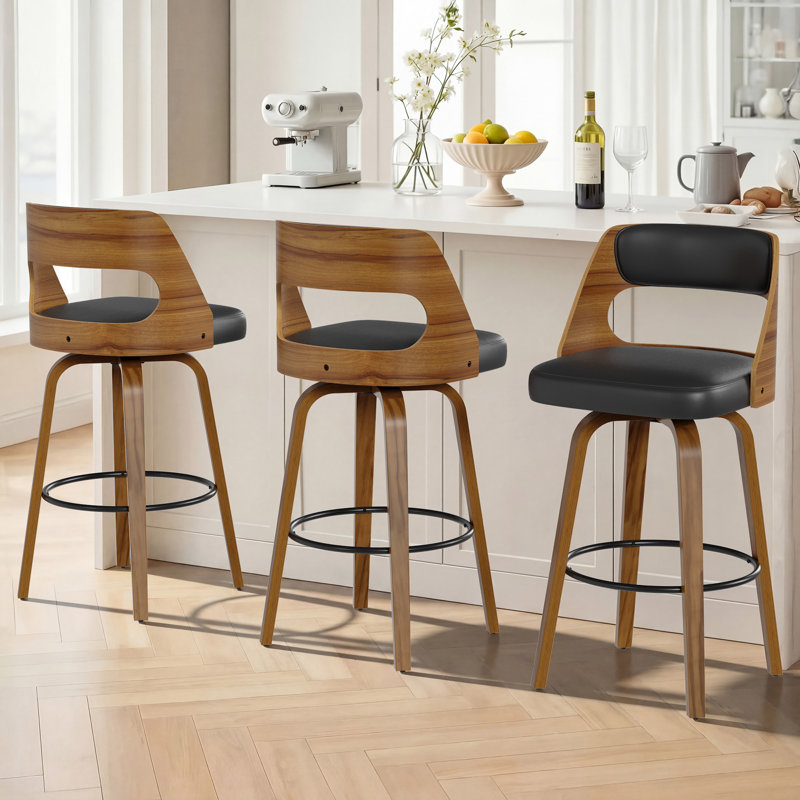 28.9" Mid-Century Upholstered Swivel Bar Stool with Curved Wooden Back and Footrest, Black