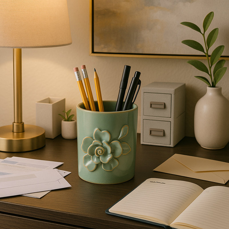 Decorative Rose Ceramic Office Desk Accessory - Stylish Destop Organizer And Small Essentials In  Kitchen, Bedroom, Or Bathroom - 4"