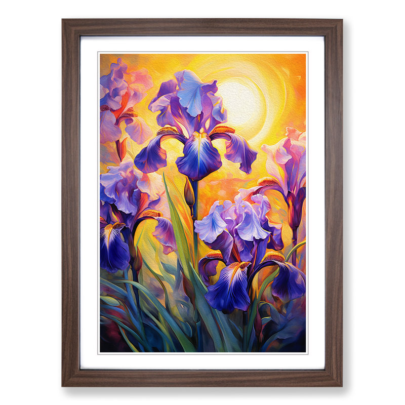 Iris Flower Impressionism No.3 - Single Picture Frame Print on Wood, 46cm H x 34cm W x 2cm D, Walnut