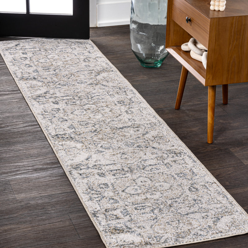 Tapis crème / gris clair délavé à la machine Edith, Tapis de couloir 2 pi x 7 pi 10 po