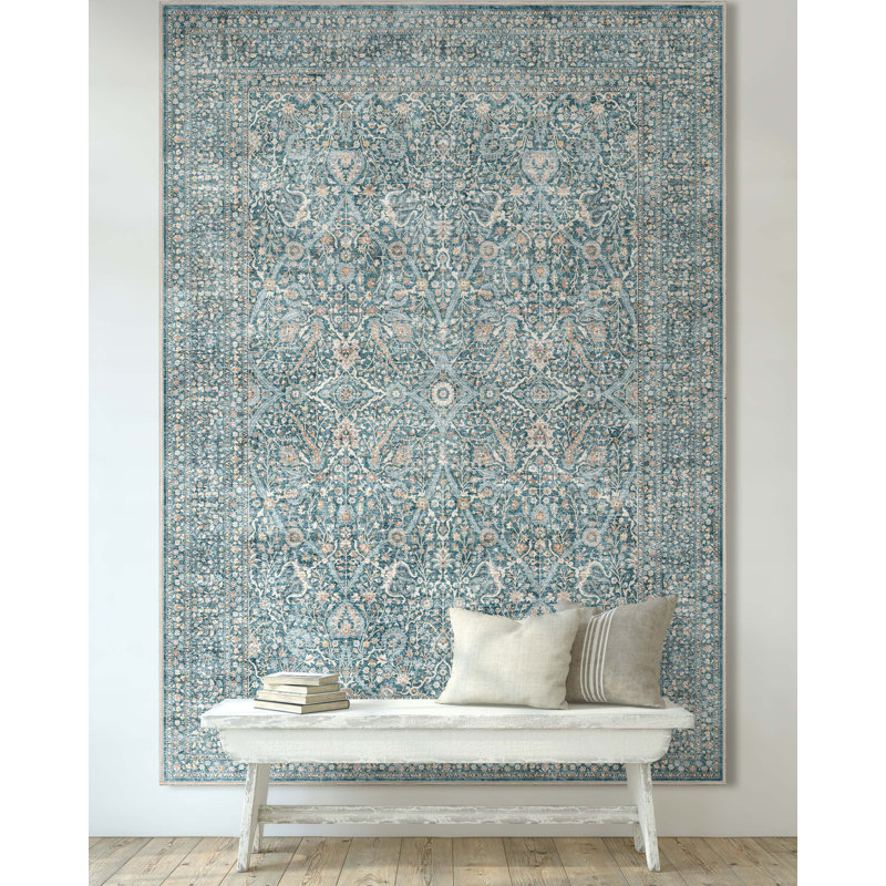Tapis botanique oriental bleu Well Well Tissé Ervin Isolde, Rectangle 7 pi 7 po x 9 pi 10 po
