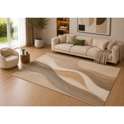 Tapis d'intérieur « Ultra Fin » 152 x 213 cm, motif vagues abstraites modernes, doux et à poils courts, avec envers antidérapant en silicone, tapis contemporain pour salon, chambre, bureau, salle familiale, beige taupe