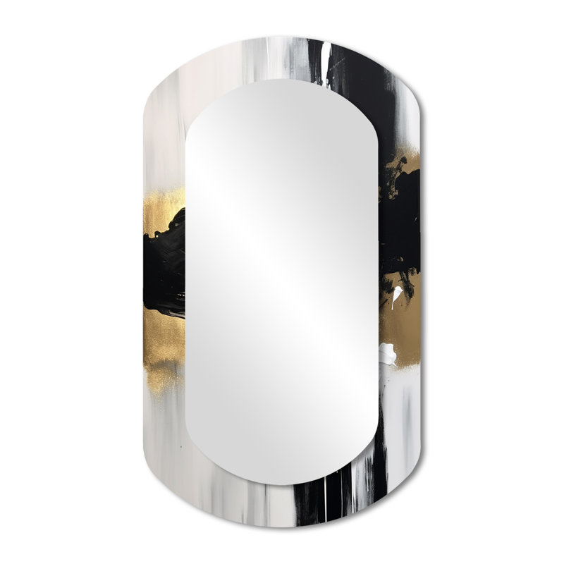 «Minimal Joy» en noir et or - peinture abstraite sur métal - miroir mural moderne et irrégulier, 43 po x 23 po