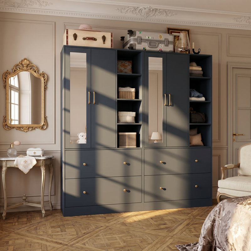 Armoire 4 tiroirs avec miroir Malieka, Bleu