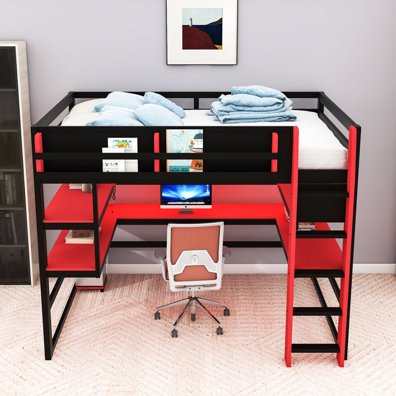 Lit mezzanine en bois avec bureau, tablettes, ports de recharge et éclairage DEL, Lit double, Rouge