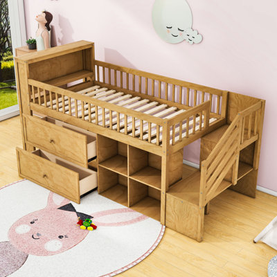 Twin Wooden Low Loft Bed With 2 Drawers And Stairs And Shelves And LED by Harriet Bee