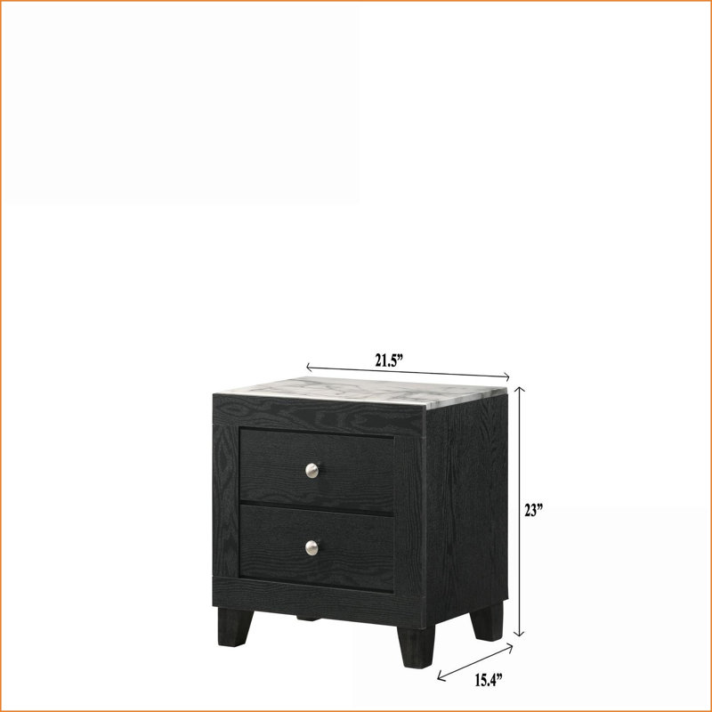 Table de chevet moderne à 2 tiroirs avec plateau en faux marbre blanc Finition noire